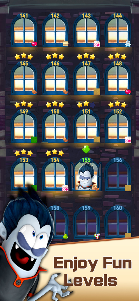Level selection screen in Spookiz Pop featuring a brick wall with window levels and a vampire character.