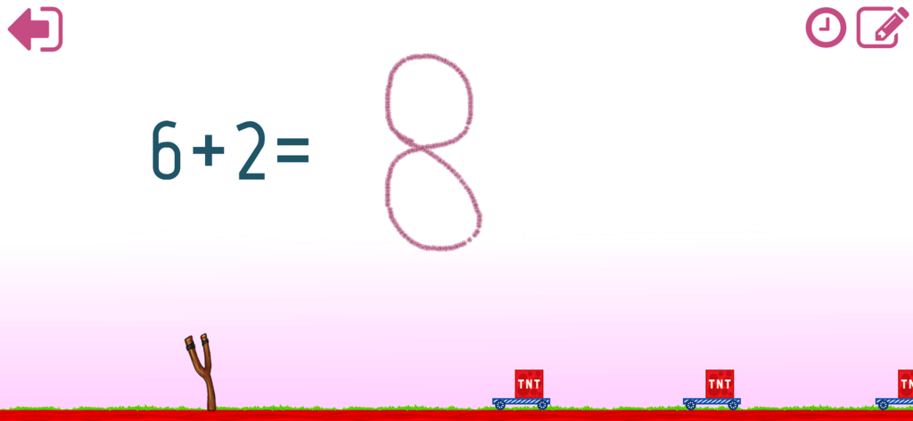 Math Shot Add and Subtract 20 - Additionsaufgabe 6 plus 2 mit der handgezeichneten Antwort 8 in einem Schlingel-Themen-Lernspiel