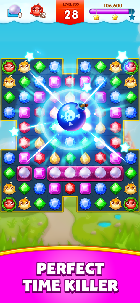Jewel Legend - Pantalla del juego match 3 de Jewel Legend con gemas coloridas y la explosión de un potenciador de bomba