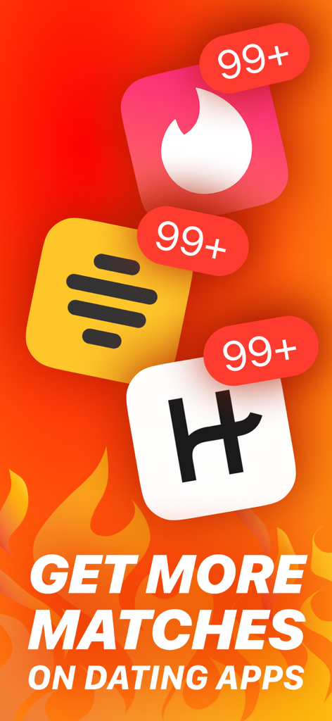Sway AI: Dating App Assistant - Iconos de las aplicaciones Tinder, Bumble y Hinge con notificaciones de más de 99 matches sobre un fondo ardiente