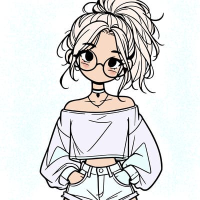 girl with a messy ponytail glasses a baggy crop top and jean shorts