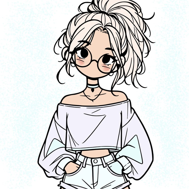 girl with a messy ponytail glasses a baggy crop top and jean shorts