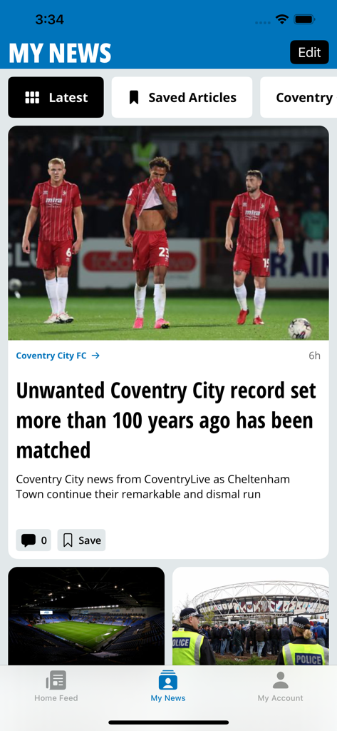 Coventry Live - Screenshot of the Coventry Live app My News section featuring a sports article about Coventry City FC.