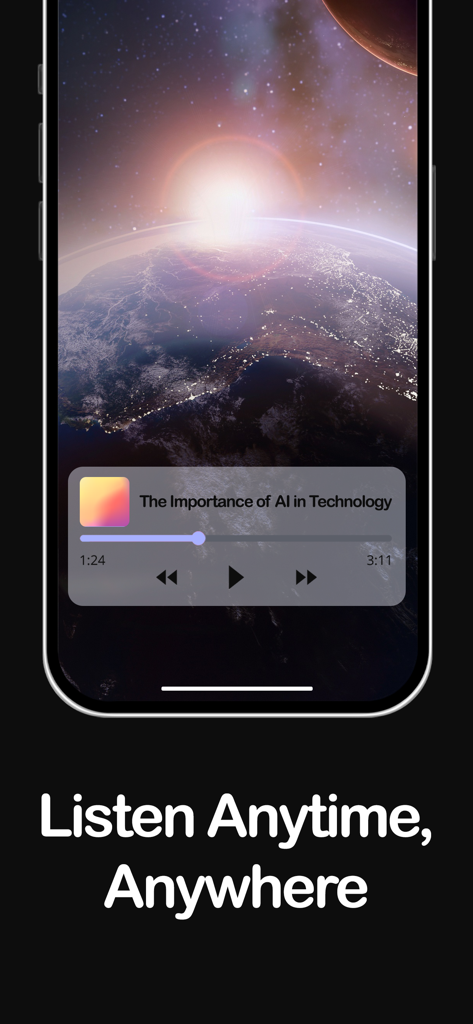 PodGenie:AI Podcast Generator - A smartphone screen showing the PodGenie app audio player interface with the caption Listen Anytime Anywhere