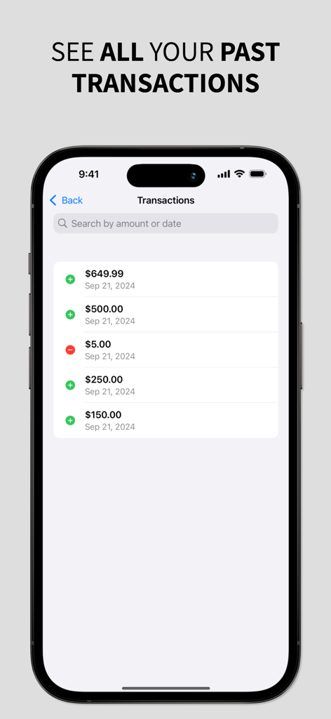 Una pantalla móvil que muestra una lista de transacciones de ahorro recientes con fechas y cantidades en dólares en la aplicación Meta de Ahorro.