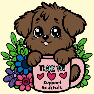 a really cute puppy holding a thank you for support mug with flowers everywhere