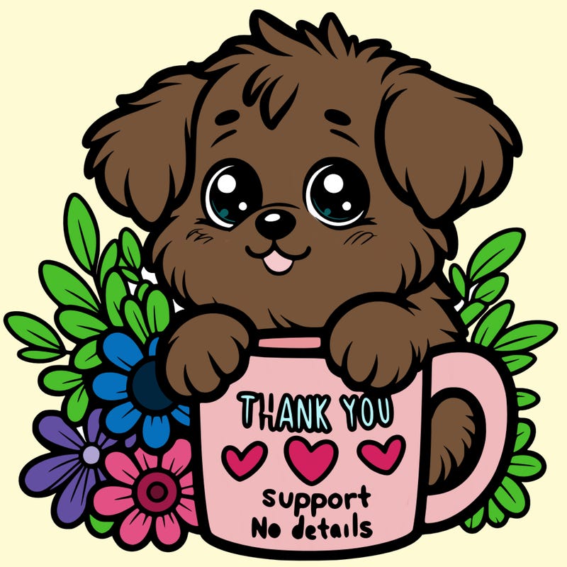 a really cute puppy holding a thank you for support mug with flowers everywhere