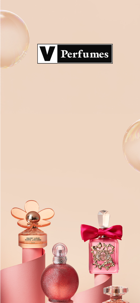 V Perfumes:Buy Perfumes Online - V Perfumes app splash screen featuring designer fragrance bottles from Marc Jacobs and Juicy Couture