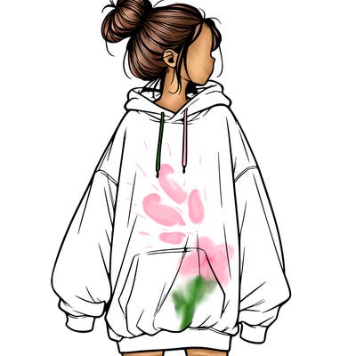 realistic girl with a oversized sweatshirt on and a bun
