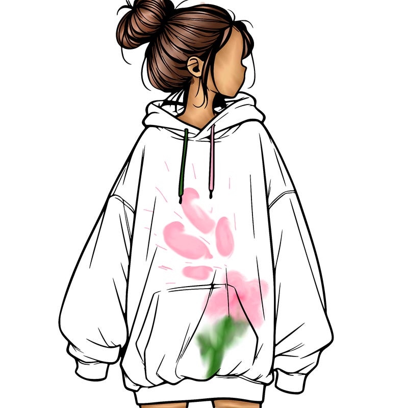 realistic girl with a oversized sweatshirt on and a bun