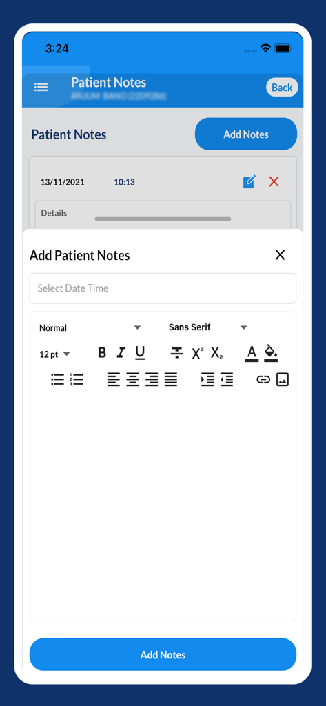 Digi Doctor HIS - Mobile interface of Digi Doctor HIS app showing a digital form to add patient medical notes with text formatting options