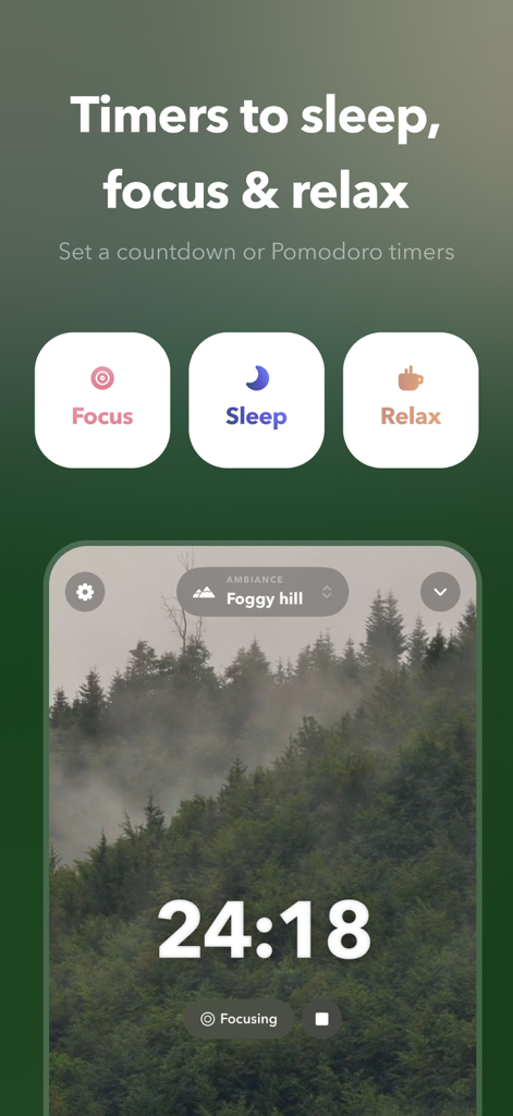 Interfaz de la aplicación Soundscape que muestra temporizadores de cuenta regresiva y Pomodoro para enfoque, sueño y relajación