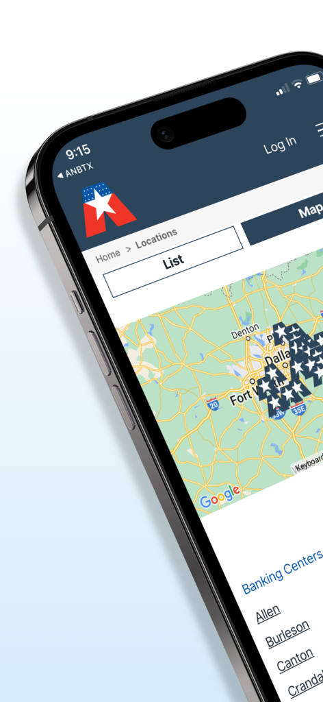 ANBTX Mobile Banking - American National Bank of Texas mobile app showing branch locations on a map of North Texas