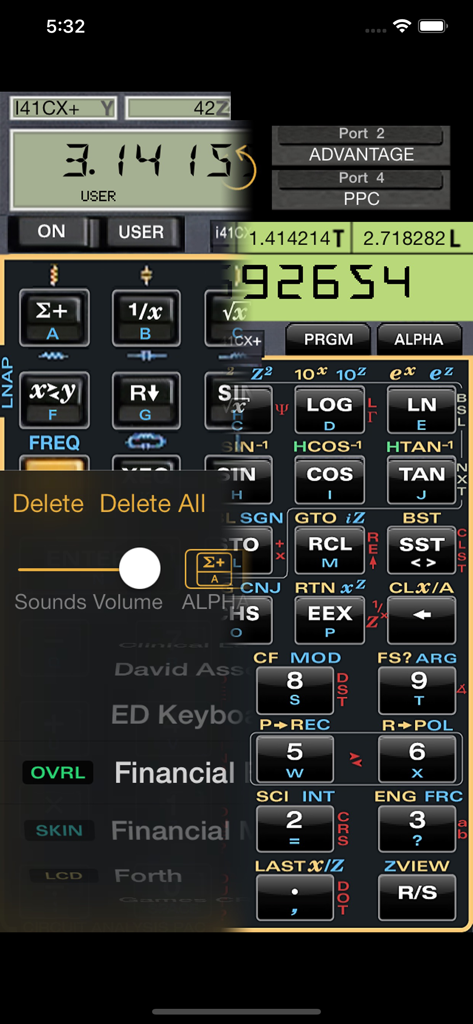 i41CX+ - Interfaz de calculadora científica con lógica RPN y superposiciones de teclado personalizables