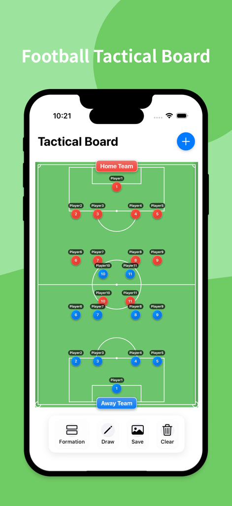 Um aplicativo de quadro tático de futebol no iPhone mostrando posições de jogadores em um campo.