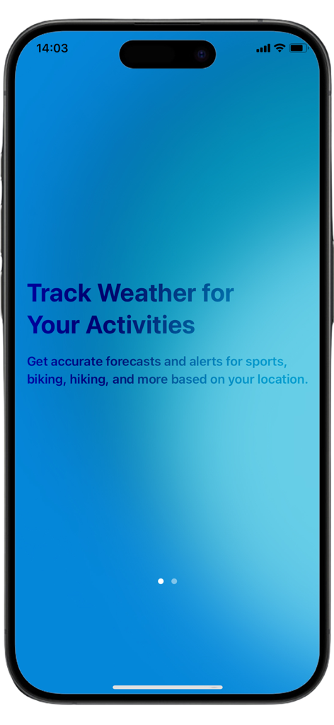Radar Omega Weather - Forecast - Radar Omega Weather app onboarding screen displaying a feature to track weather for outdoor activities like biking and hiking with location-based alerts.