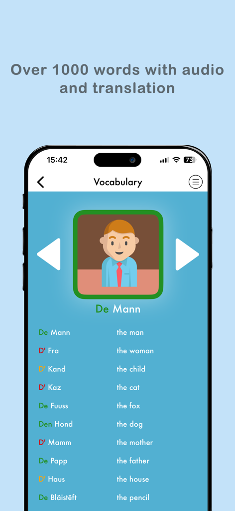 Aureluxアプリのインターフェース。ルクセンブルク語の単語リストと英語の翻訳、キャラクターのイラストが表示されています。