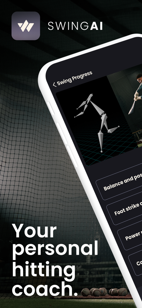 WIN Reality: SwingAI - WIN Reality SwingAI mobile app screen displaying a 3D skeletal model for baseball swing analysis and coaching