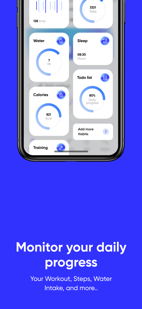A mobile interface of iTrainer app showing a dashboard with daily progress for steps calories sleep and water intake
