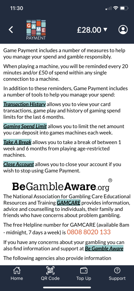 Game Payment: cashless gaming - ゲームペイメントアプリ内の責任あるギャンブルツールと利用管理画面。