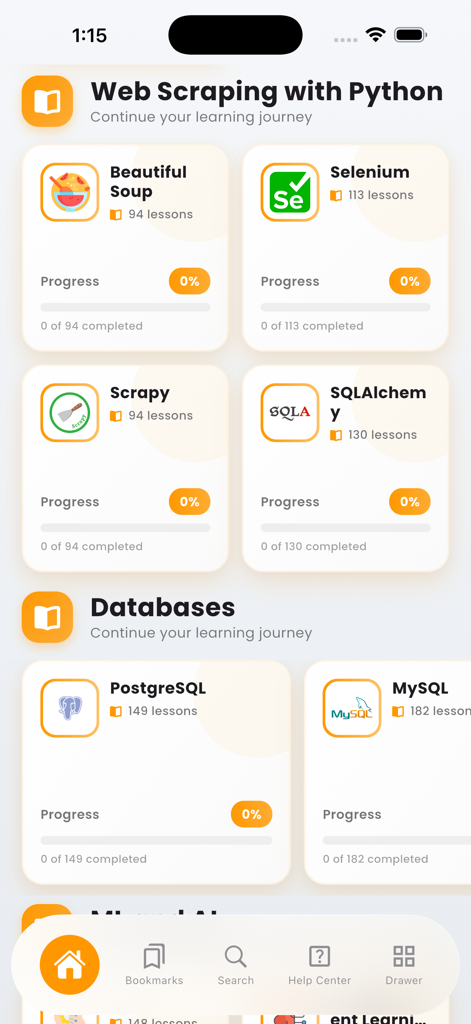 Dashboard of the Learn Python Programming Pro app displaying course modules for Web Scraping and Databases with lesson progress bars.