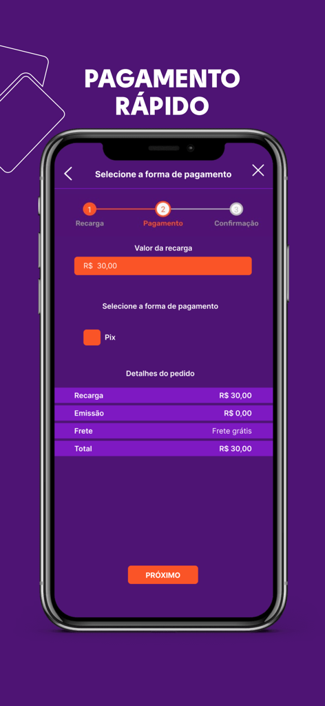 Meu Passe BR - Pantalla móvil de la aplicación Meu Passe BR que muestra el paso de pago rápido para una recarga de tarjeta de transporte