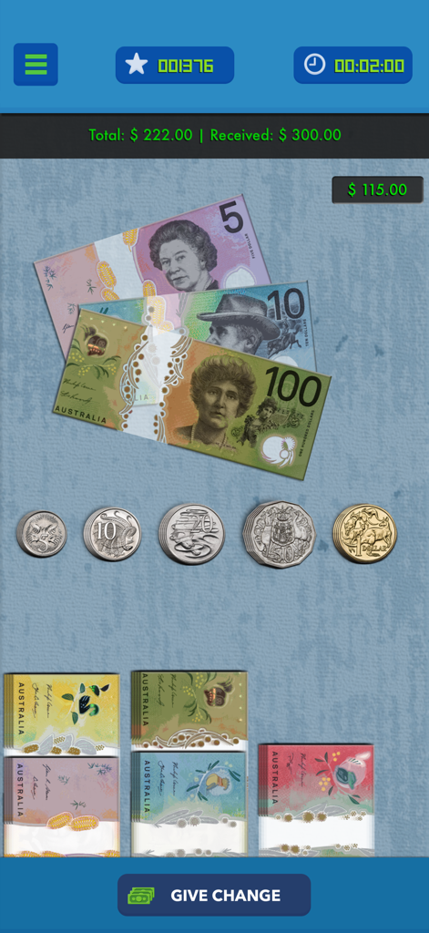 Take Your Money - Pantalla de juego de la aplicación Take Your Money practicando el cambio con dólares australianos.