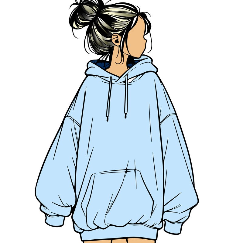 realistic girl with a oversized sweatshirt on and a bun