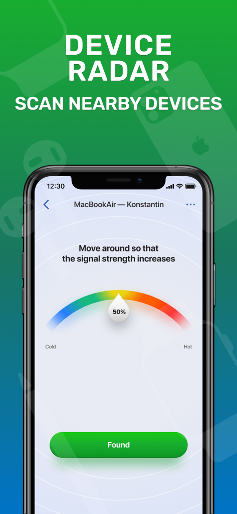 Bluetooth finder app showing signal strength radar for a lost device