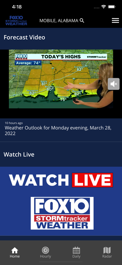 FOX10 Weather Mobile Alabama - The FOX10 Weather Mobile Alabama app interface showing a video weather forecast for the Gulf Coast and a live stream option.