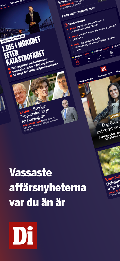 Dagens industri - Dagens industri app interface displaying Swedish business news and financial market updates