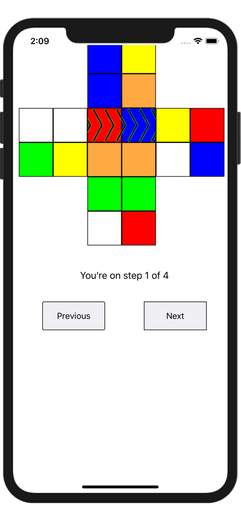 Instruções passo a passo para resolver um cubo de bolso 2x2 mostrando o passo 1 de 4