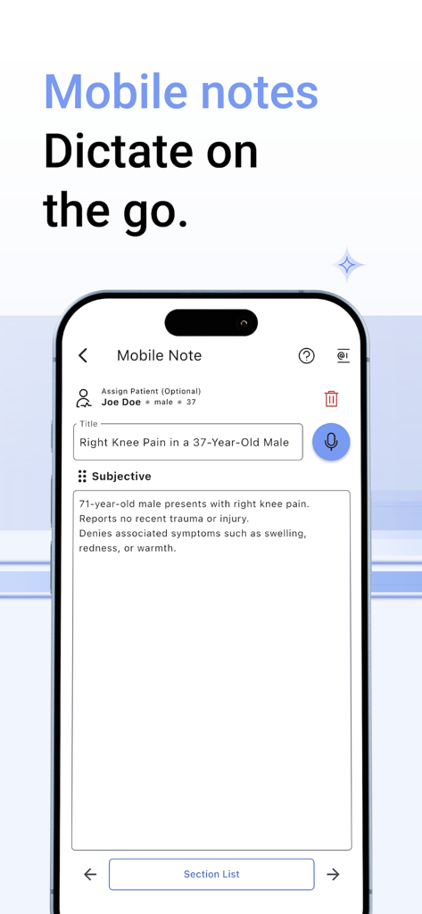 Chartnote mobile app interface showing medical note dictation on an iPhone