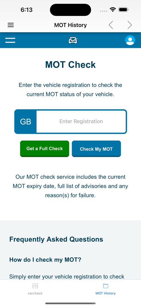 MOT Check UK - Interfaccia dell'app MOT Check UK per inserire una targa del veicolo per controllare la cronologia e lo stato del MOT