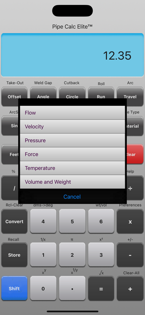 Pipe Calc Elite - Interfaz de la aplicación Pipe Calc Elite con un menú para unidades de cálculo de tuberías como flujo y presión