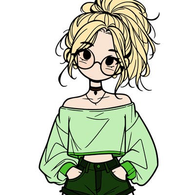 girl with a messy ponytail glasses a baggy crop top and jean shorts