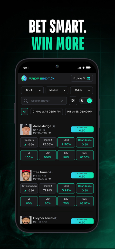 PropsBot: Bet With Confidence - PropsBot mobile app interface showing player prop analytics and edge scores for MLB players