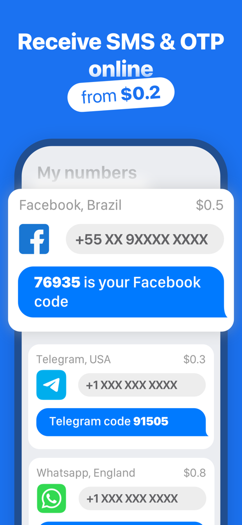 Interface of the SMS Virtual app showing virtual phone numbers and received OTP codes for Facebook and Telegram