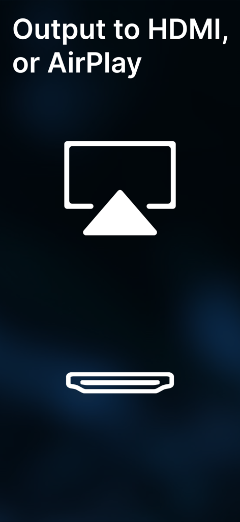 Pantalla de la aplicación GoVJ que muestra las opciones de conectividad de salida HDMI y AirPlay.