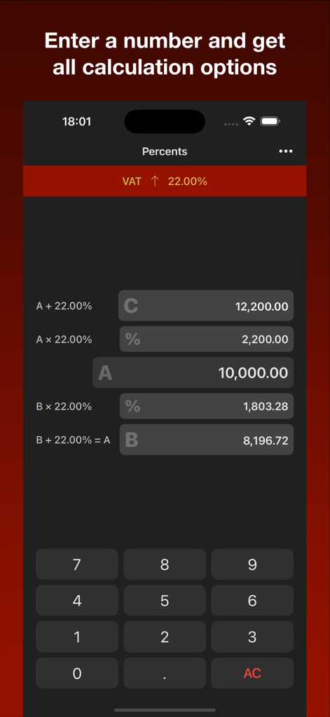Plus & Minus Percent - Captura de pantalla de la aplicación Plus & Minus Percent mostrando cálculos de IVA y márgenes en iPhone