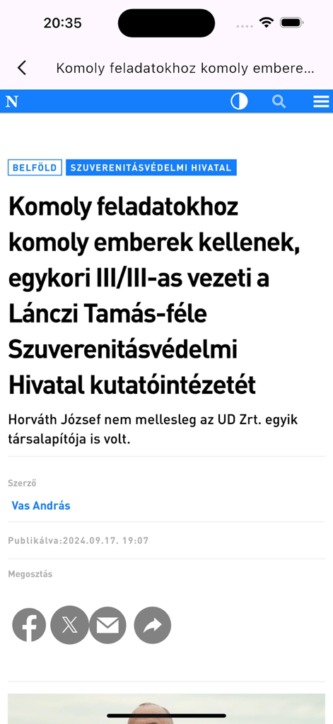 A news article displayed within the Népszava mobile app with social sharing icons and editorial content.