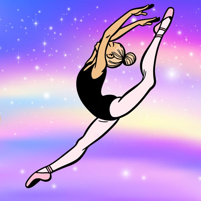 gymnast doing a leap in a leotard with a bent back leg