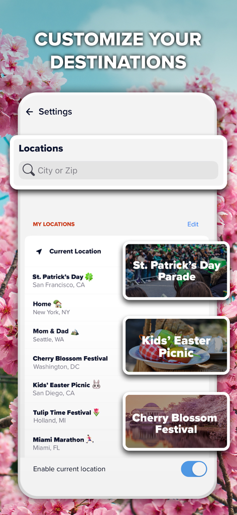 FOX Weather app interface showing customizable location settings with personalized names like Home and Cherry Blossom Festival.