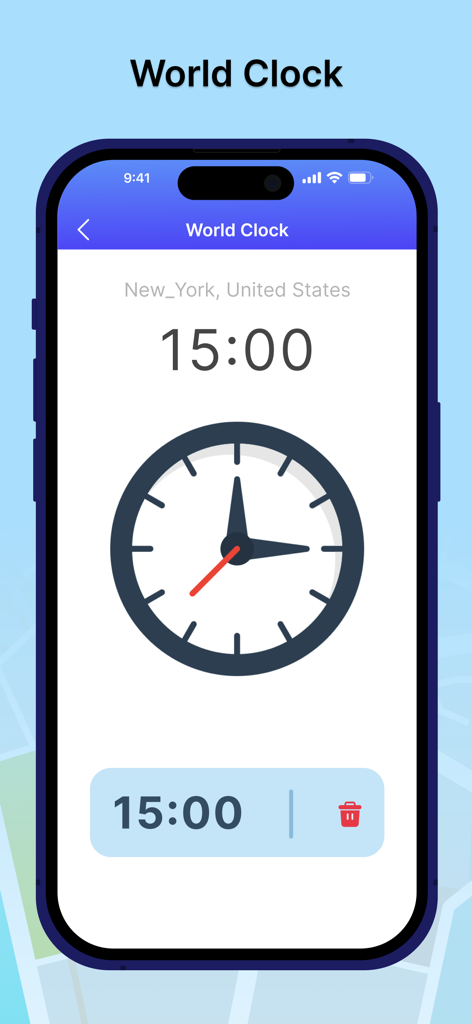 iPhone-Bildschirm zeigt die Weltzeituhr-Funktion für New York City in der Live Street View App.
