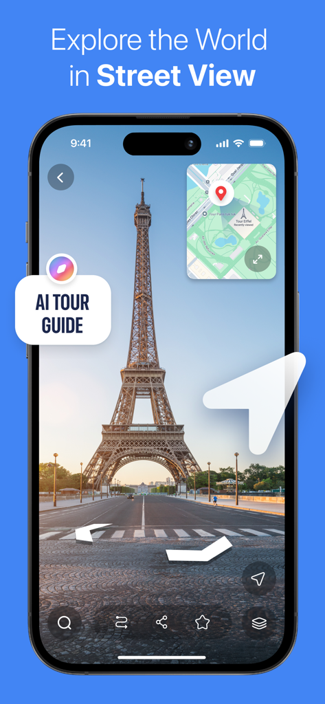 Street View 360° Travel Guide - Smartphone-Display mit einer 360-Grad-Straßenansicht des Eiffelturms in Paris mit einem KI-Reiseführer-Badge