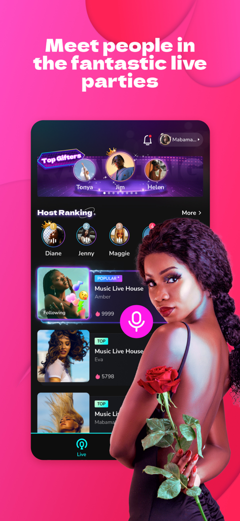 Boomlive app interface featuring live party rooms host rankings and top gifters
