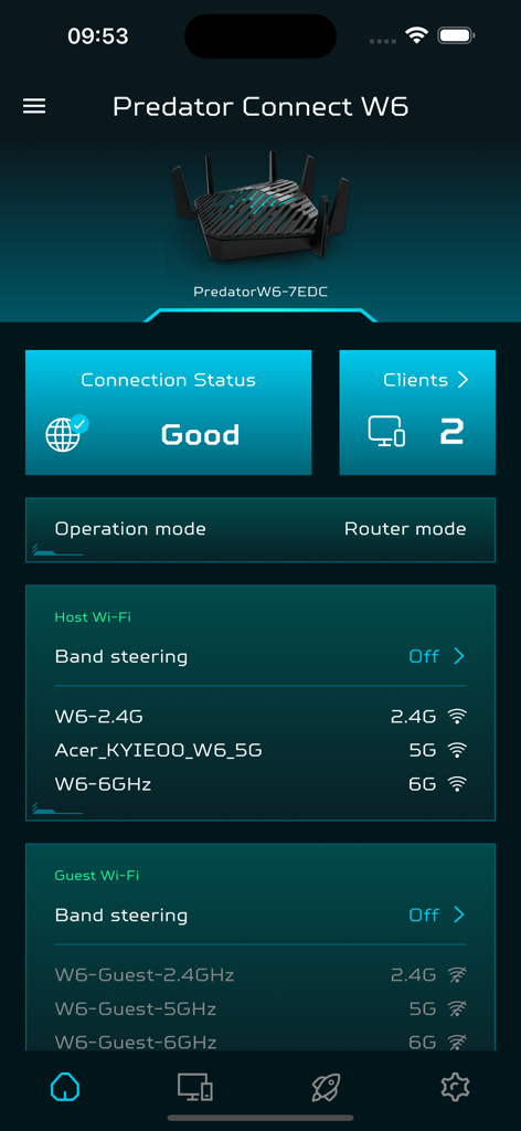 Acer Connect - Acer Connect app dashboard displaying Predator Connect W6 router status, connection quality, and active Wi-Fi bands.