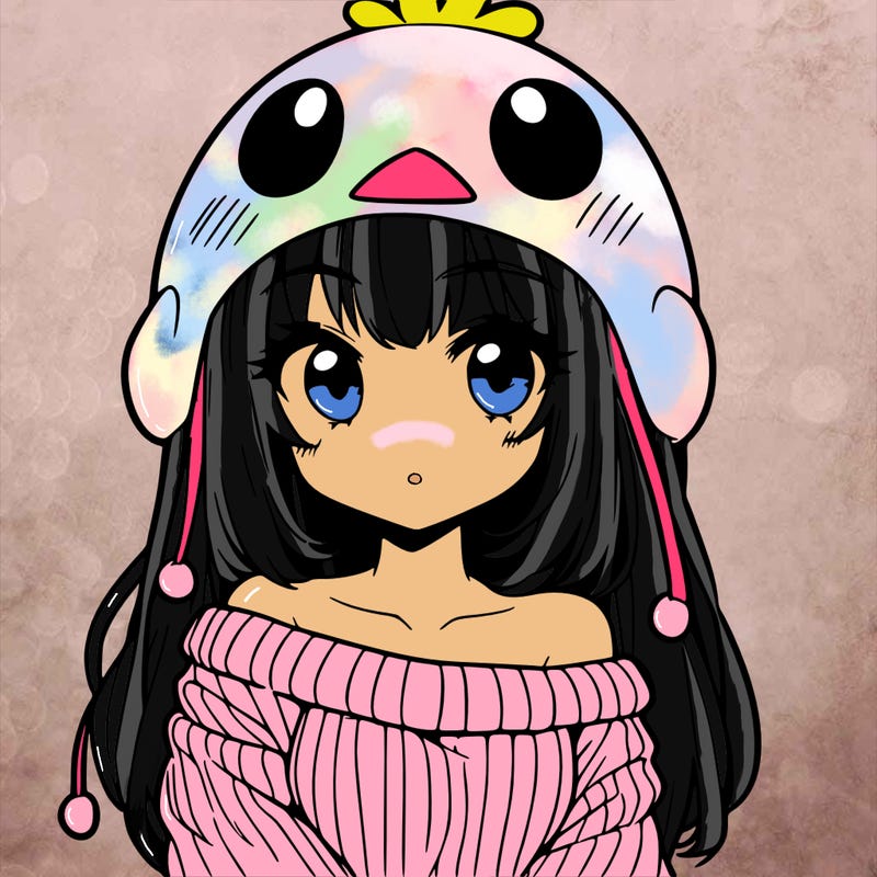 anime girl with chick shaped hat with sweater with bare shoulders with bangs covering them one eye with low tail