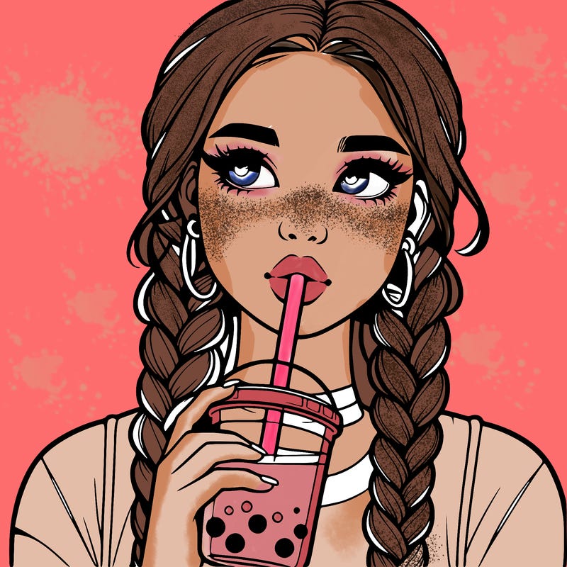 realistic girl with braided hair drinking boba