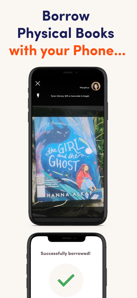 NLB Mobile - Pantalla de teléfono inteligente que muestra cómo escanear la portada de un libro físico con la aplicación NLB Mobile para tomarlo prestado al instante.